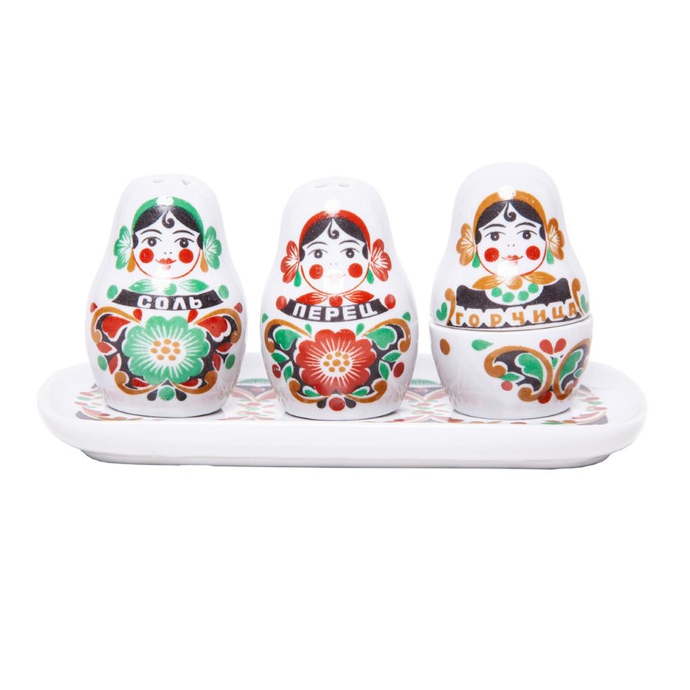 Vintage Russian Ethnic USSR Nesting Doll Matryoshka Tray Salt Pepper Shakers 70s